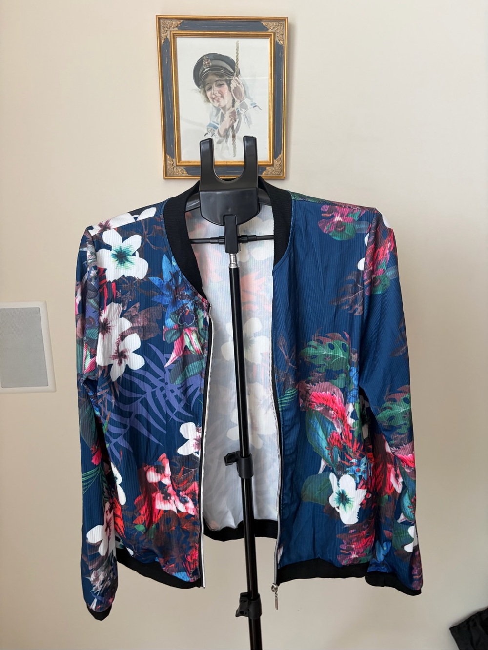 Floral Bomber Jacket — Navy Tropical Print, 3XL